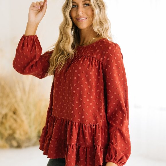 Long Sleeve Rust Colored Ruffle Top - Picture 2 of 7